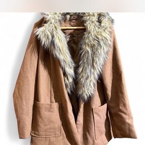 JOU JOU Brown Faux Fur Collar Coat • Cozy Open Front Jacket